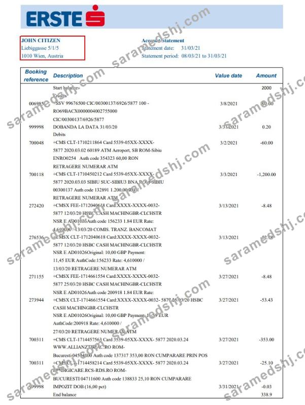 Austria Erste Group bank statement easy to fill template in Excel and PDF format